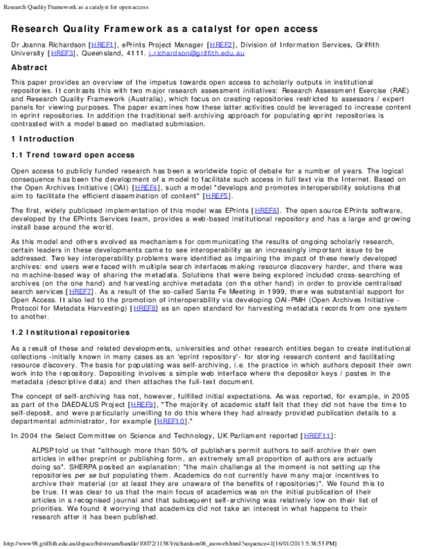 (PDF) Research Quality Framework as a catalyst for open access