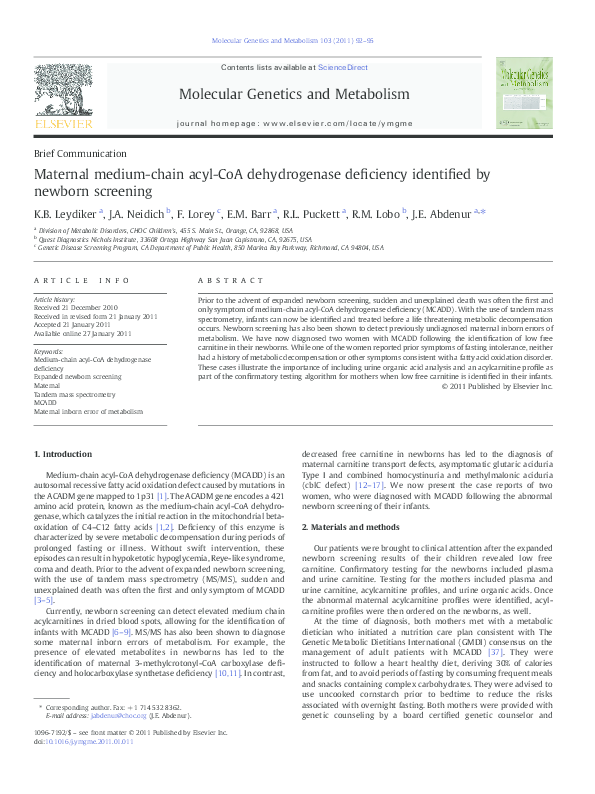 (PDF) Maternal medium-chain acyl-CoA dehydrogenase deficiency ...