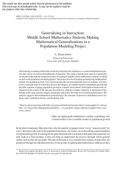 (PDF) Generalizing in Interaction: Middle School Mathematics Students ...