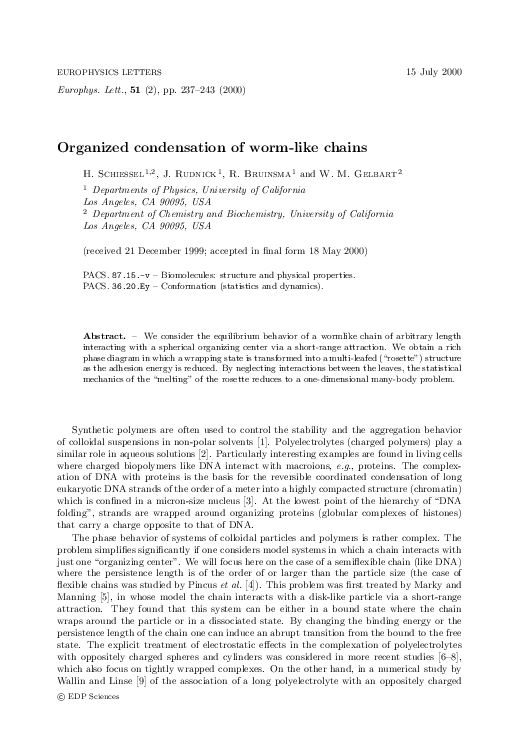(PDF) Organized condensation of worm-like chains