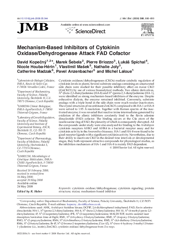 (PDF) Mechanism-Based Inhibitors of Cytokinin Oxidase/Dehydrogenase ...