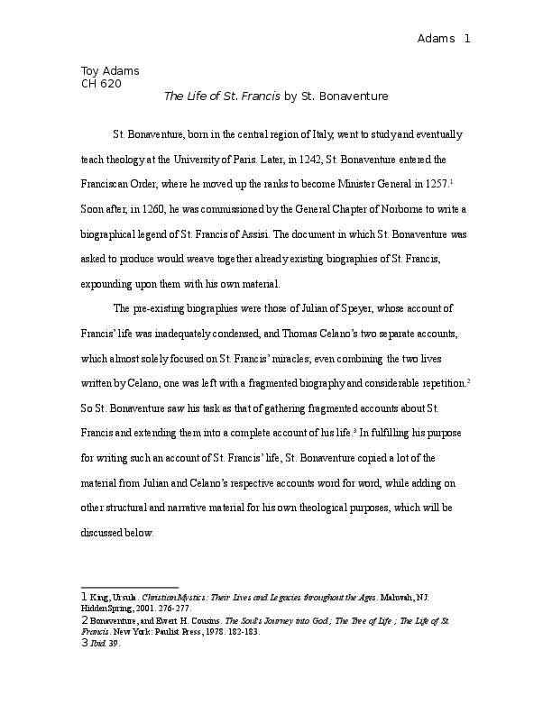 (DOC) An Analysis of St. Bonaventure's 'The Life of St. Francis' Toy Adams Academia.edu