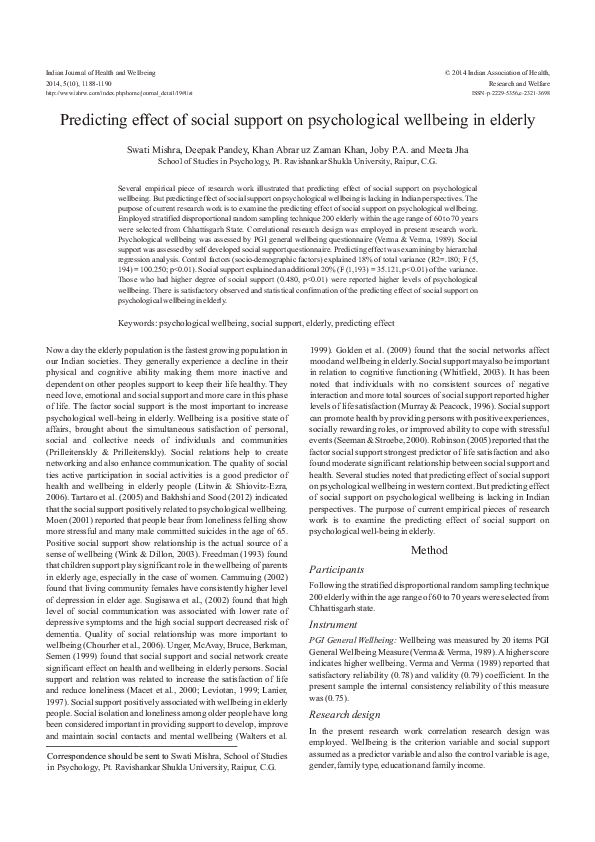 (PDF) Predicting effect of social support on psychological wellbeing in