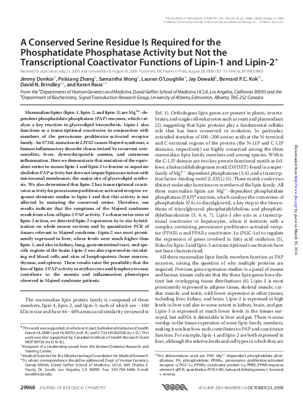 (PDF) A conserved serine residue is required for the phosphatidate ...
