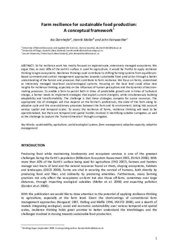 (PDF) Farm Resilience for sustainable food production A conceptual