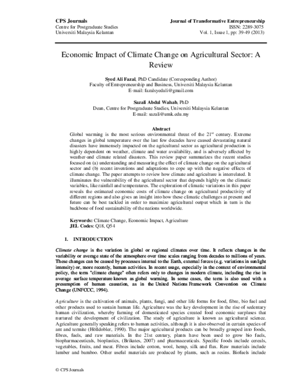 (PDF) Economic impact of climate change on agricultural sector: a review
