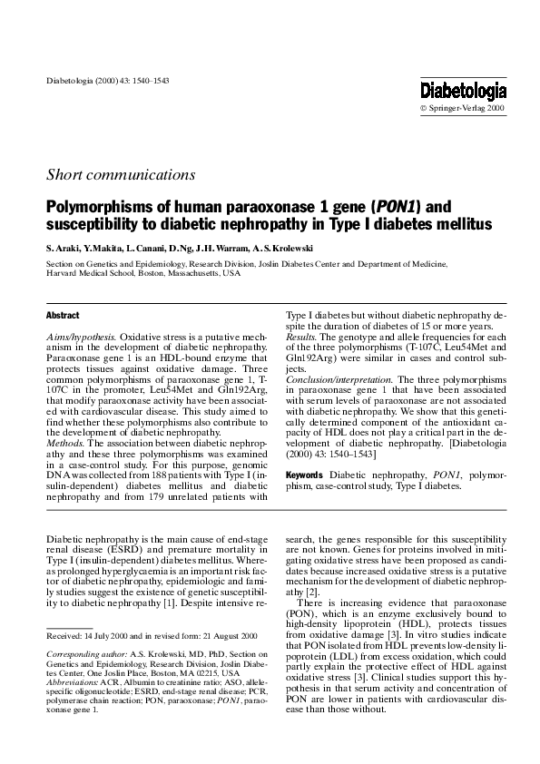 (PDF) Polymorphisms of human paraoxonase 1 gene (PON1) and ...