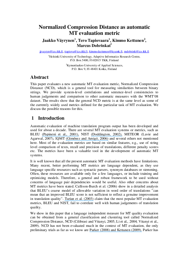 (PDF) Normalized compression distance as an automatic MT evaluation metric
