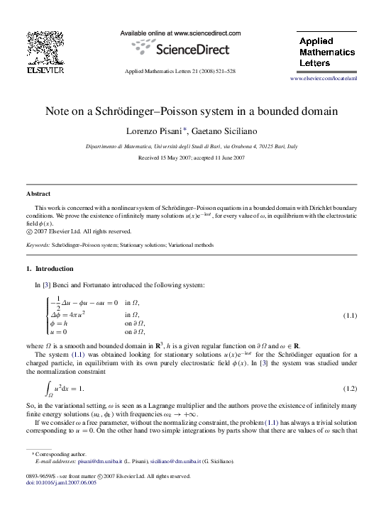 (PDF) Note on a Schrödinger–Poisson system in a bounded domain