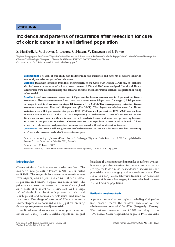 (PDF) Incidence and patterns of recurrence after resection for cure of ...