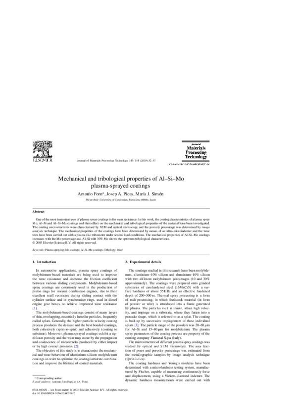 (PDF) Mechanical and tribological properties of Al–Si–Mo plasma-sprayed ...