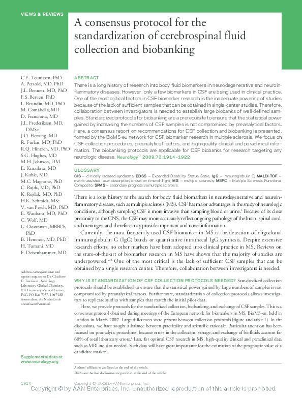 (PDF) A consensus protocol for the standardization of cerebrospinal ...