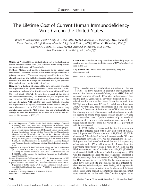 (PDF) The Lifetime Cost of Current Human Immunodeficiency Virus Care in ...