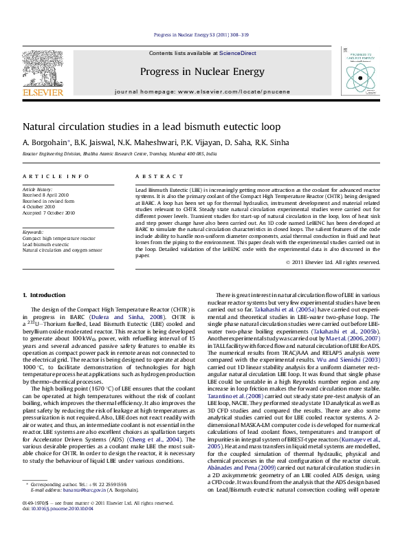(PDF) Natural circulation studies in a lead bismuth eutectic loop