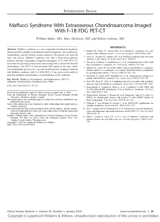 (PDF) Maffucci Syndrome With Extraosseous Chondrosarcoma Imaged With F ...