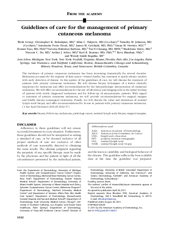 (PDF) Guidelines of care for the management of primary cutaneous melanoma