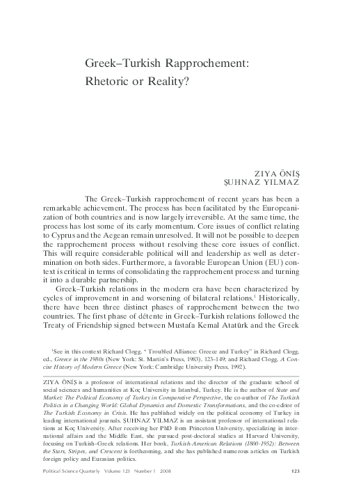 (PDF) Greek–Turkish Rapprochement: Rhetoric or Reality