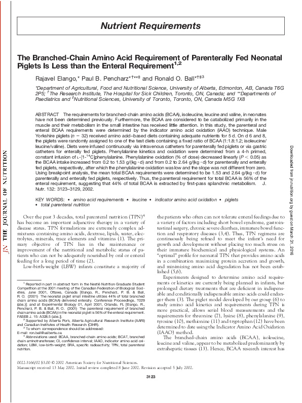 (PDF) The BranchedChain Amino Acid Requirement of Parenterally Fed Neonatal Piglets Is Less