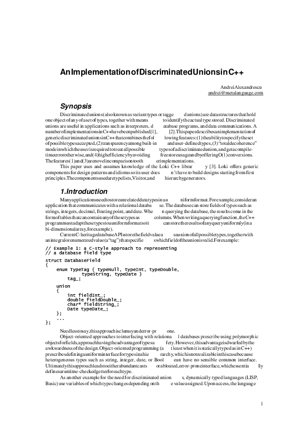 Pdf An Implementation Of Discriminated Unions In C Pdf An Implementation Of Discriminated Unions In C
