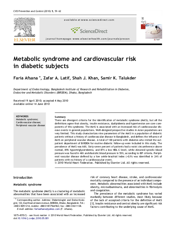 (PDF) Metabolic syndrome and cardiovascular risk in diabetic subjects