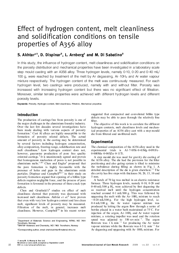 (PDF) Effect of hydrogen content, melt cleanliness and solidification ...