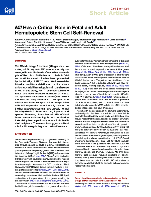(PDF) Mll Has a Critical Role in Fetal and Adult Hematopoietic Stem ...