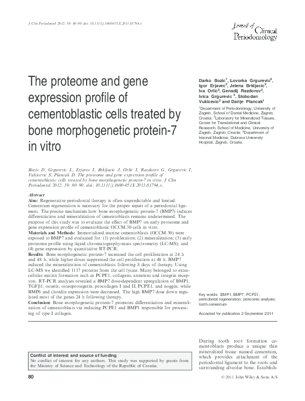 (PDF) The proteome and gene expression profile of cementoblastic cells ...