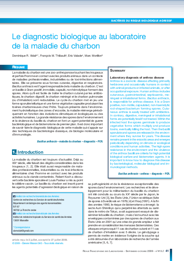 (PDF) Le diagnostic biologique au laboratoire de la maladie du charbon
