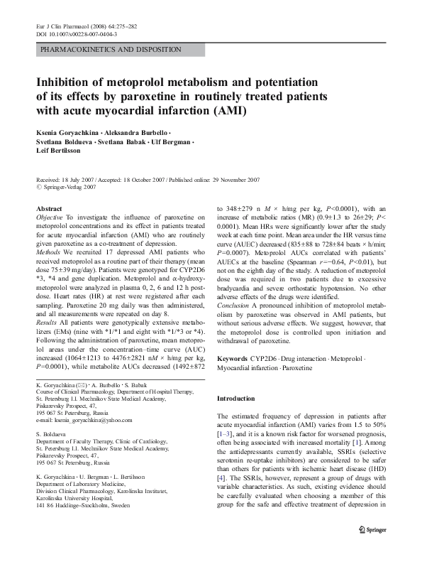 (PDF) Inhibition of metoprolol metabolism and potentiation of its effects by paroxetine in