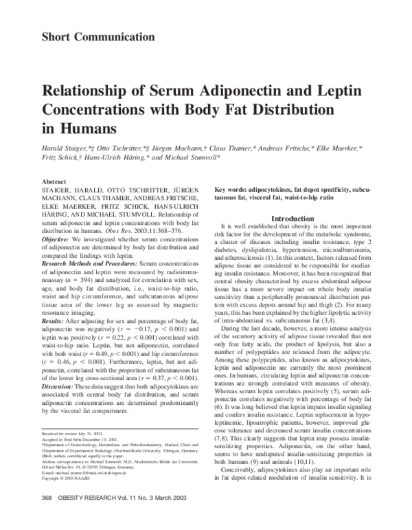 (PDF) Relationship of Serum Adiponectin and Leptin Concentrations with ...