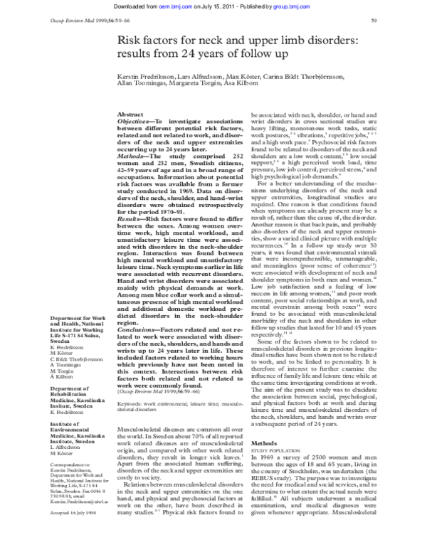 (PDF) Risk factors for neck and upper limb disorders: results from 24 ...