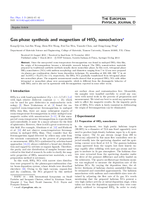 (PDF) Gas-phase synthesis and magnetism of HfO2 nanoclusters