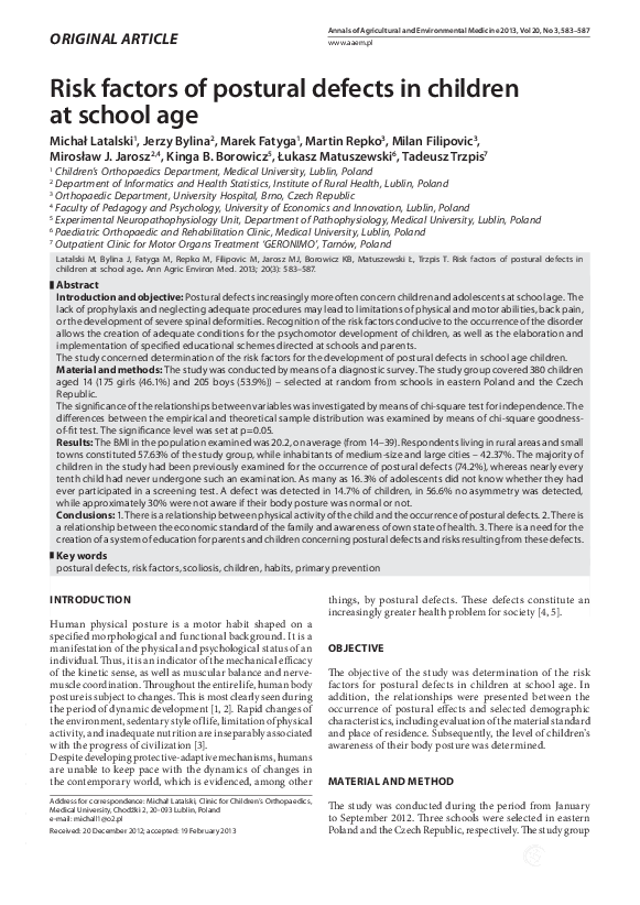 (PDF) Risk factors of postural defects in children at school age