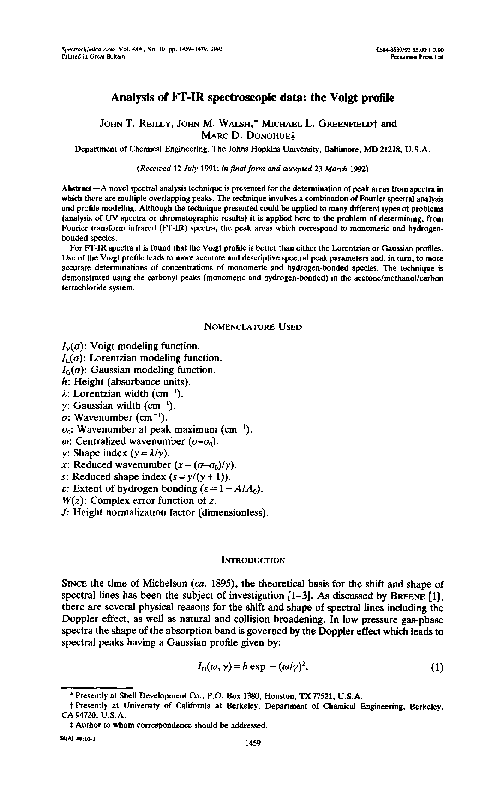 Pdf Analysis Of Ft Ir Spectroscopic Data The Voigt Profile Judy Reilly Academia Edu