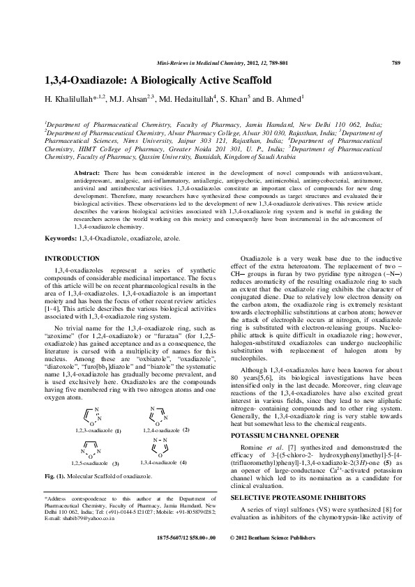 Pdf 1 3 4 Oxadiazole A Biologically Active Scaffold Habibullah Khalilullah Academia Edu