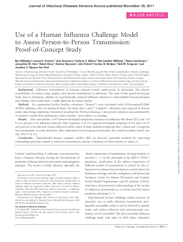 (PDF) Use of a Human Influenza Challenge Model to Assess Person-to ...
