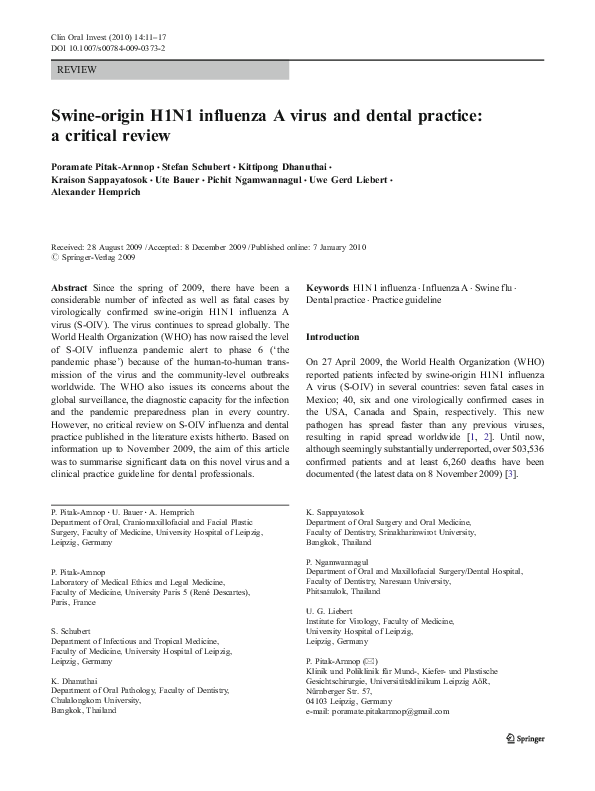 (PDF) Swine-origin H1N1 influenza A virus and dental practice: a ...