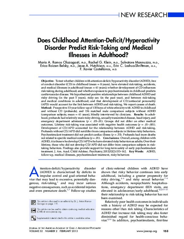 (PDF) Childhood ADHD Predicts Risk-Taking in Adulthood, but Not Medical ...