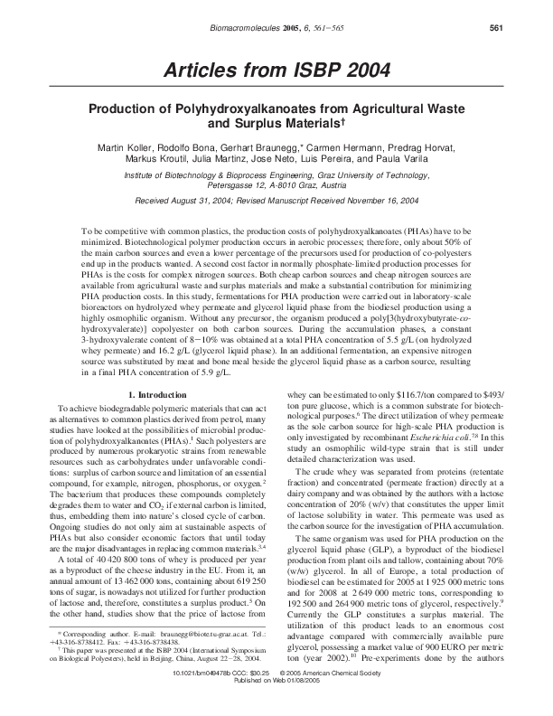 (PDF) Production of Polyhydroxyalkanoates from Agricultural Waste and ...