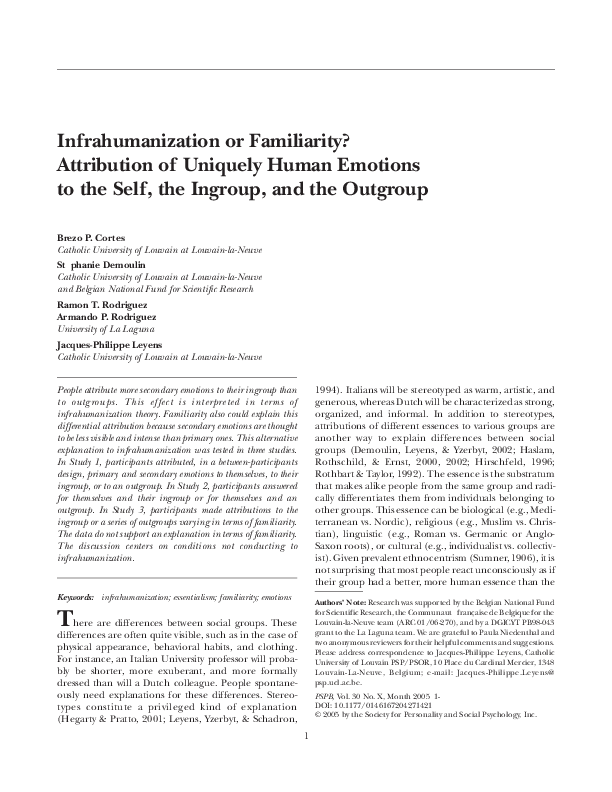 (PDF) Infrahumanization or familiarity? Attribution of uniquely human ...