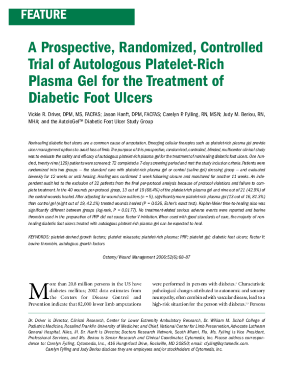 (PDF) Driver VR, Hanft J, Fylling CP, Beriou JM. Autologel Diabetic ...