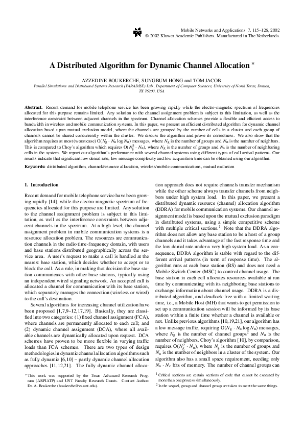 (PDF) A distributed algorithm for dynamic channel allocation