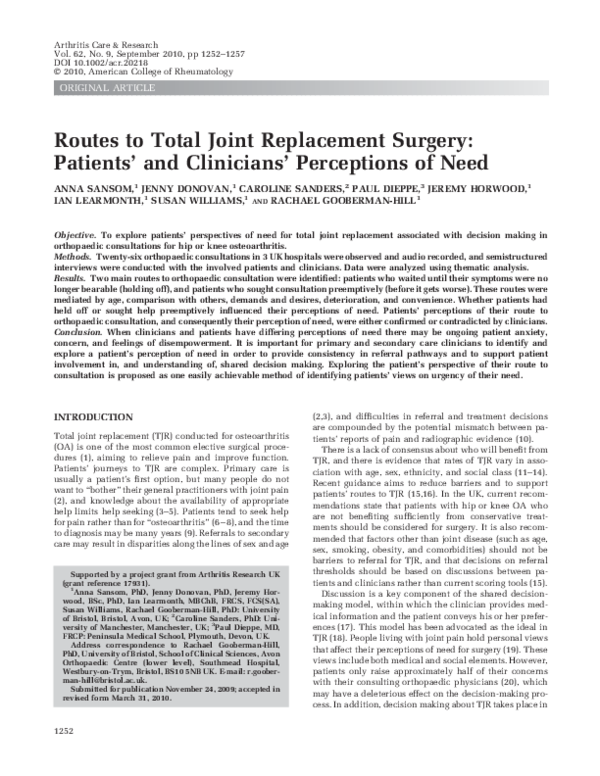 (PDF) Routes to total joint replacement surgery: Patients' and ...