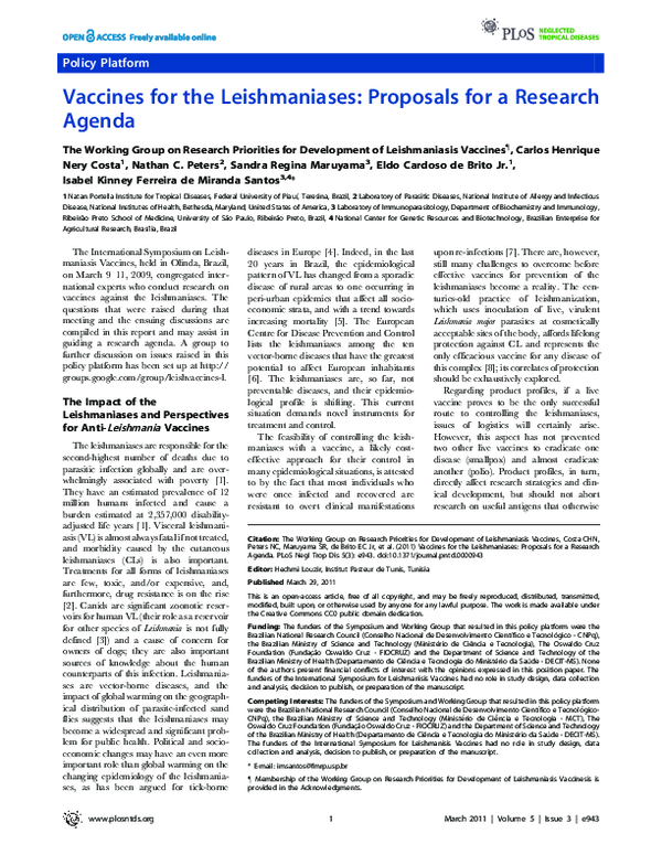 Vaccines for the Leishmaniases: Proposals for a Research Agenda