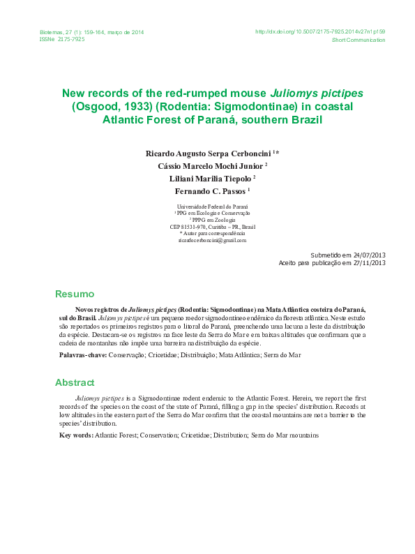 (PDF) New records of the red-rumped mouse Juliomys pictipes (Osgood ...