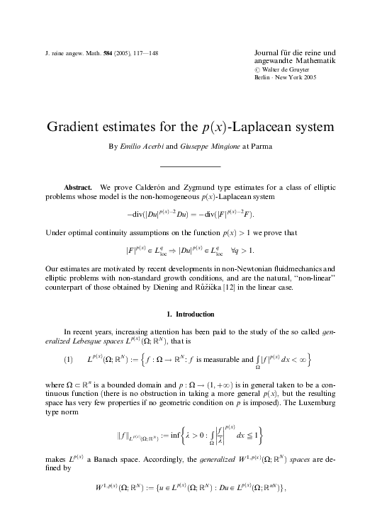 (PDF) Gradient estimates for the p ( x )-Laplacean system