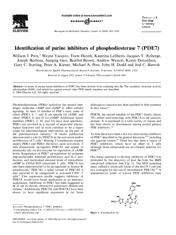(PDF) Identification of purine inhibitors of phosphodiesterase 7 (PDE7)