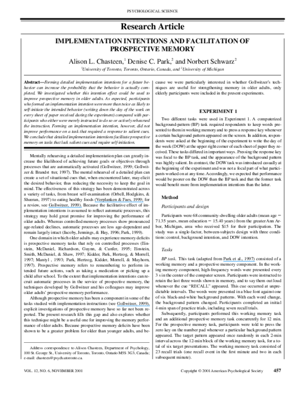 (PDF) Implementation Intentions and Facilitation of Prospective Memory