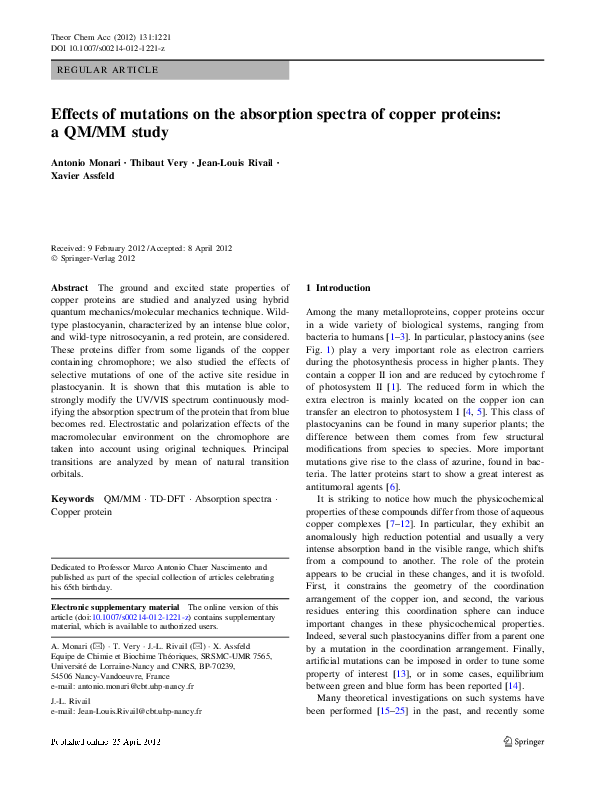 (PDF) Effects of mutations on the absorption spectra of copper proteins ...