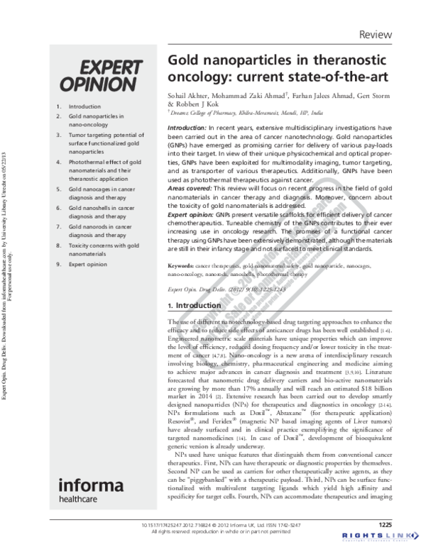 (PDF) Gold nanoparticles in theranostic oncology: current state-of-the-art